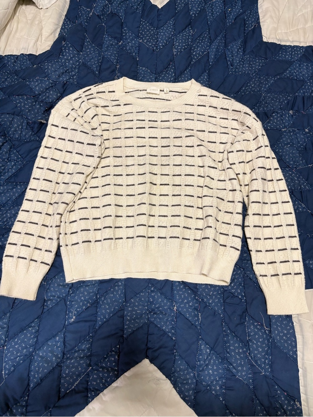 Cyrus Cream Open-Knit Crew Sweater with Navy Stripes